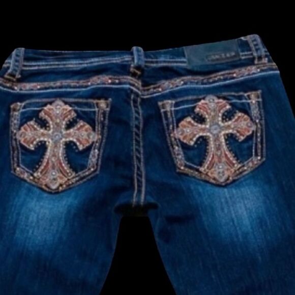 Grace in LA Women's Boot Cut Jeans - Dark Blue with Brown Embroidery - Picture 4 of 13